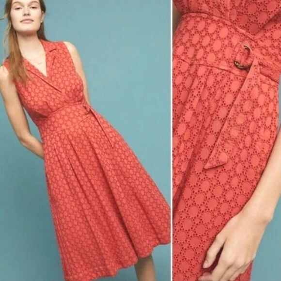 Anthropologie Elm Burnt Orange Eyelet Fit and Flare Sleeveless Midi Dress Size 2 - Picture 15 of 16